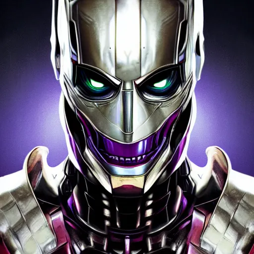 Image similar to face of an armored villian, ultron, sauron, evil dark, mask, joker smile, iridescent eyes, purple and green highlights, metal, knight