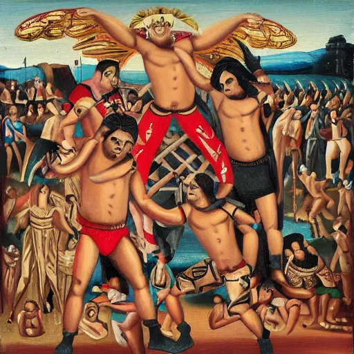 Image similar to lucha bros versus the young bucks aew, medieval painting, oil painting