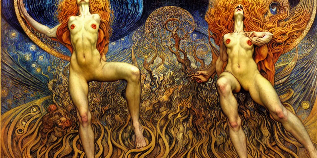 Image similar to Divine Chaos Engine by Karol Bak, Jean Delville, William Blake, Gustav Klimt, and Vincent Van Gogh, symbolist, visionary