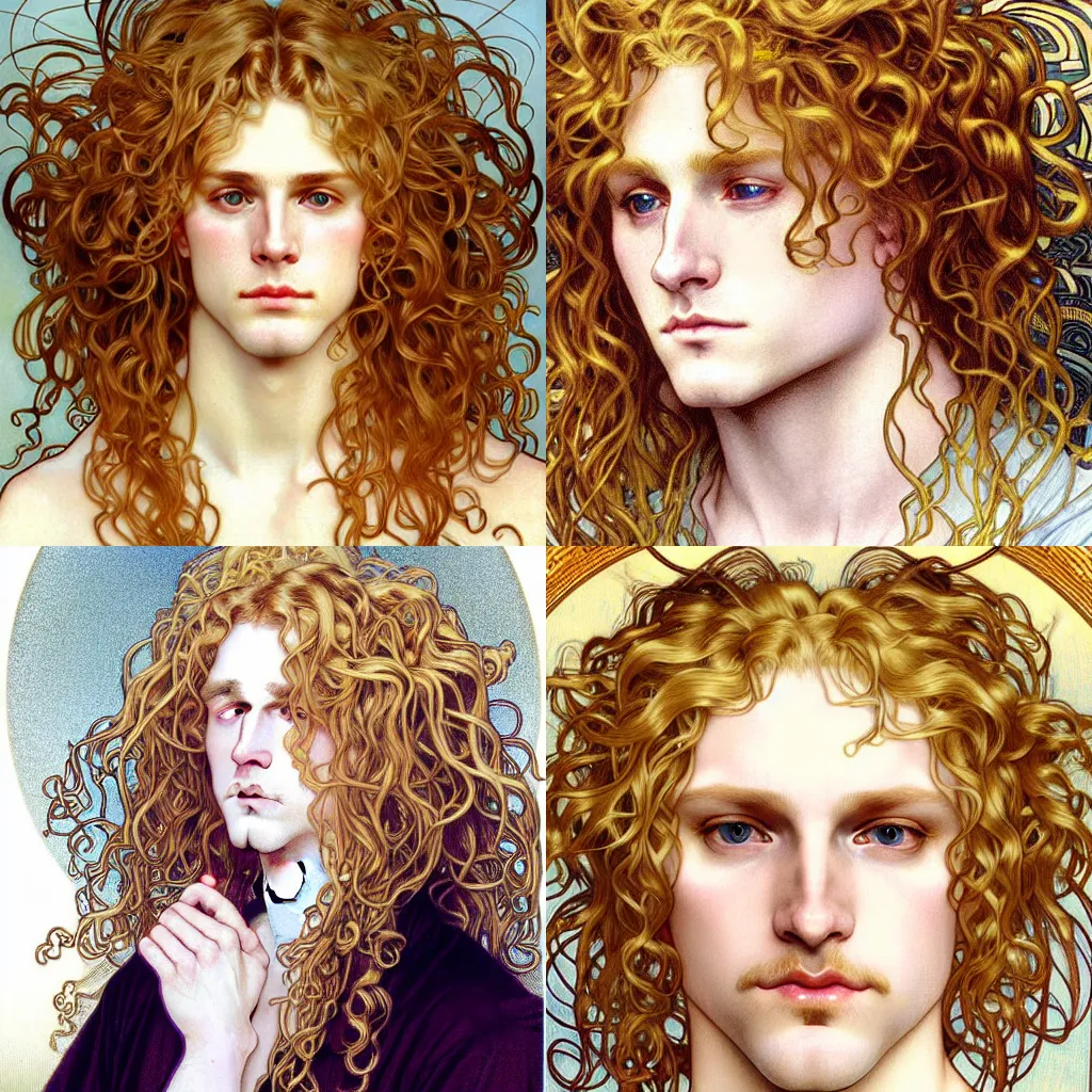 Prompt: realistic detailed face portrait of the pale androgynous prince Lucius, long luxurious curly blond hair, very very very very curly light golden blond hair, extremely pale fluffy curly blond hair, by Alphonse Mucha, Ayami Kojima, Amano, Charlie Bowater, Karol Bak, Greg Hildebrandt, Jean Delville, and Mark Brooks, Art Nouveau, Neo-Gothic, gothic, rich scintillating bright white gold colors