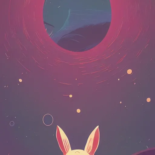 Image similar to A rabbit full of hope, looking for a black hole in an infinite time loop by Victo Ngai and Ghibli andlisk feng and atey ghailan