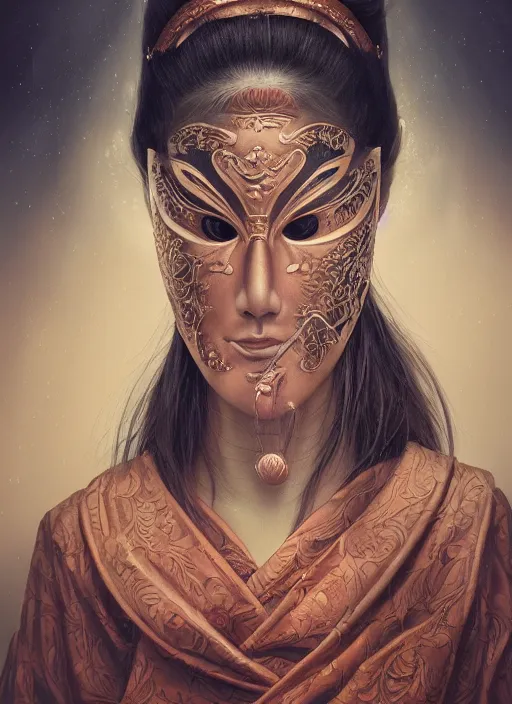 Image similar to a beautiful detailed oil on copper art illustration of a japanese shityome mask woman, the mask is broken, centered, by charlie bowater, zeng fanzh, trending on artstation, dim dusk lighting, cinematic lighting, detailed lighting, volumetric lighting, realistic, f 8, 4 k hd wallpaper