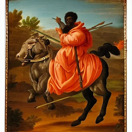 Image similar to black man with afro hair wearing an army green cloak, ( ( ( riding an orange bull ) ) ), renaissance style painting, stunning detail and accuracy