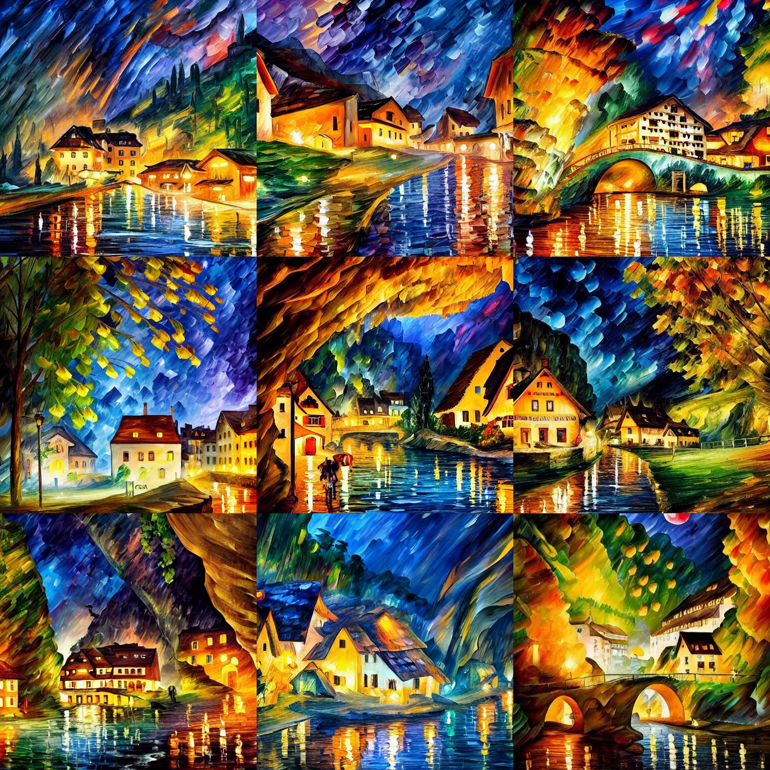 Prompt: a quaint swiss village at night with cottages, a river with sawmills, glowing lights and green park land, all inside an enormous cavern, cavern ceiling visible with large stalactites, by leonid afremov, makoto shinkai, joseph anton koch