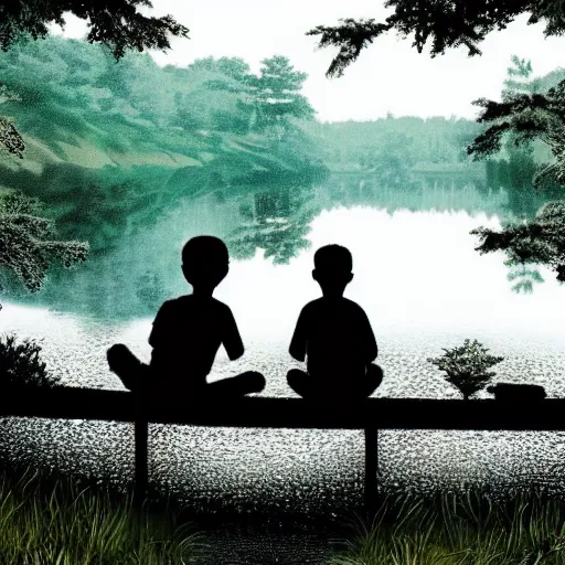 Image similar to a silver dragon and a boy sitting together next to a lake watching firefly, night, forest