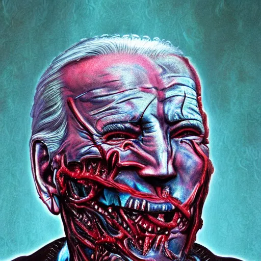 Image similar to biden became bloody ugly lovecraftian degenerate abomination, photo - realistic, color image, 2 k, highly detailed, bodyhorror, occult art, by giger, fractal structure