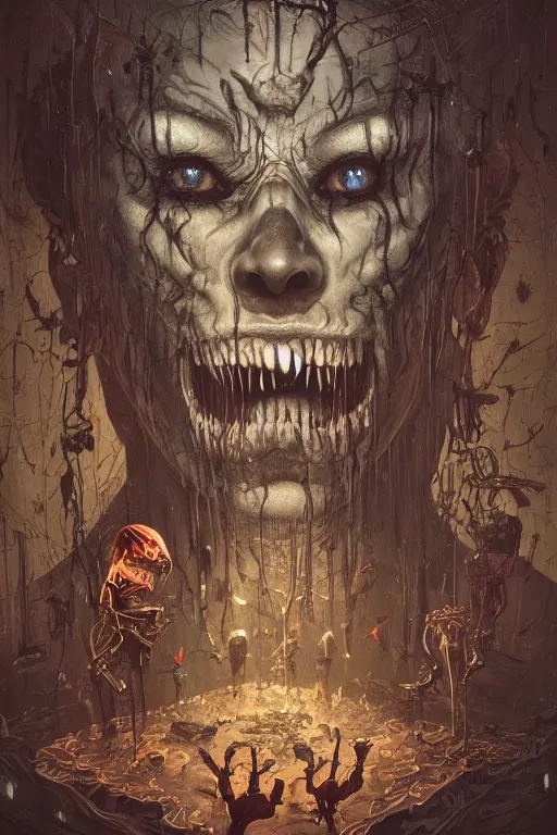 Image similar to portrait of a creepy horror creepy circus . intricate abstract. intricate artwork. nightmare fuel. terrifying. by Tooth Wu, wlop, dan mumford , trending on artstation, greg rutkowski very coherent symmetrical artwork. cinematic, hyper realism, high detail, octane render, 8k