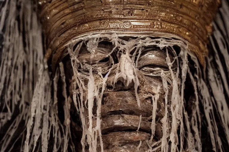 Prompt: mummified pope in his throne at the vatican, desiccated, close - up portrait, tall pontiff hat, mitre, dark, moody, black skin, ornate, hyper realistic, sharp focus, highly detailed, cinematic, dramatic lighting