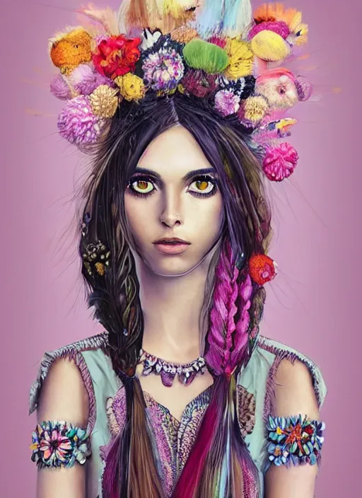 Image similar to beautiful fashion portrait of a mediterranean female wearing fantastic Hand-dyed cotton dress, embellished beaded feather decorative fringe knots ,colorful pigtail,subtropical flowers and plants,symmetrical face,intricate,elegant, highly detailed, 8k,post-processing,digital painting, trending on pinterest, arper's bazaar,concept art, sharp focus, illustration, by artgerm,Tom Bagshaw,Daniel Gerhartz,Albert Aublet,Lawrence Alma-Tadema