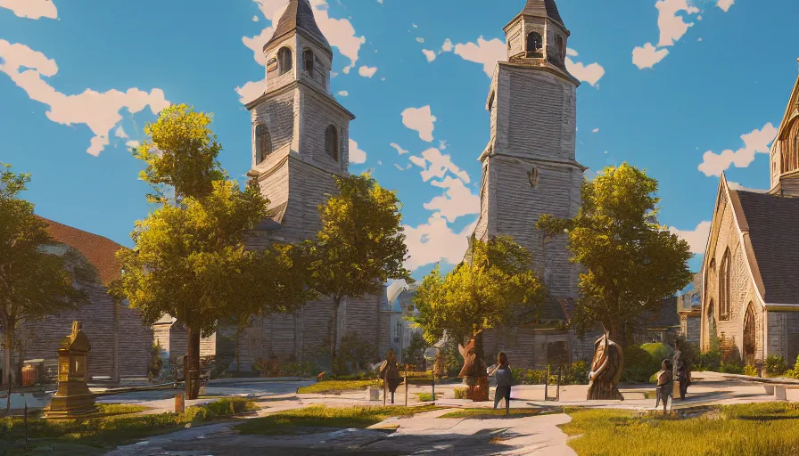 Image similar to small midwest town with square and gold eagle statue, sunny day, church, trees, hyperdetailed, artstation, cgsociety, 8 k