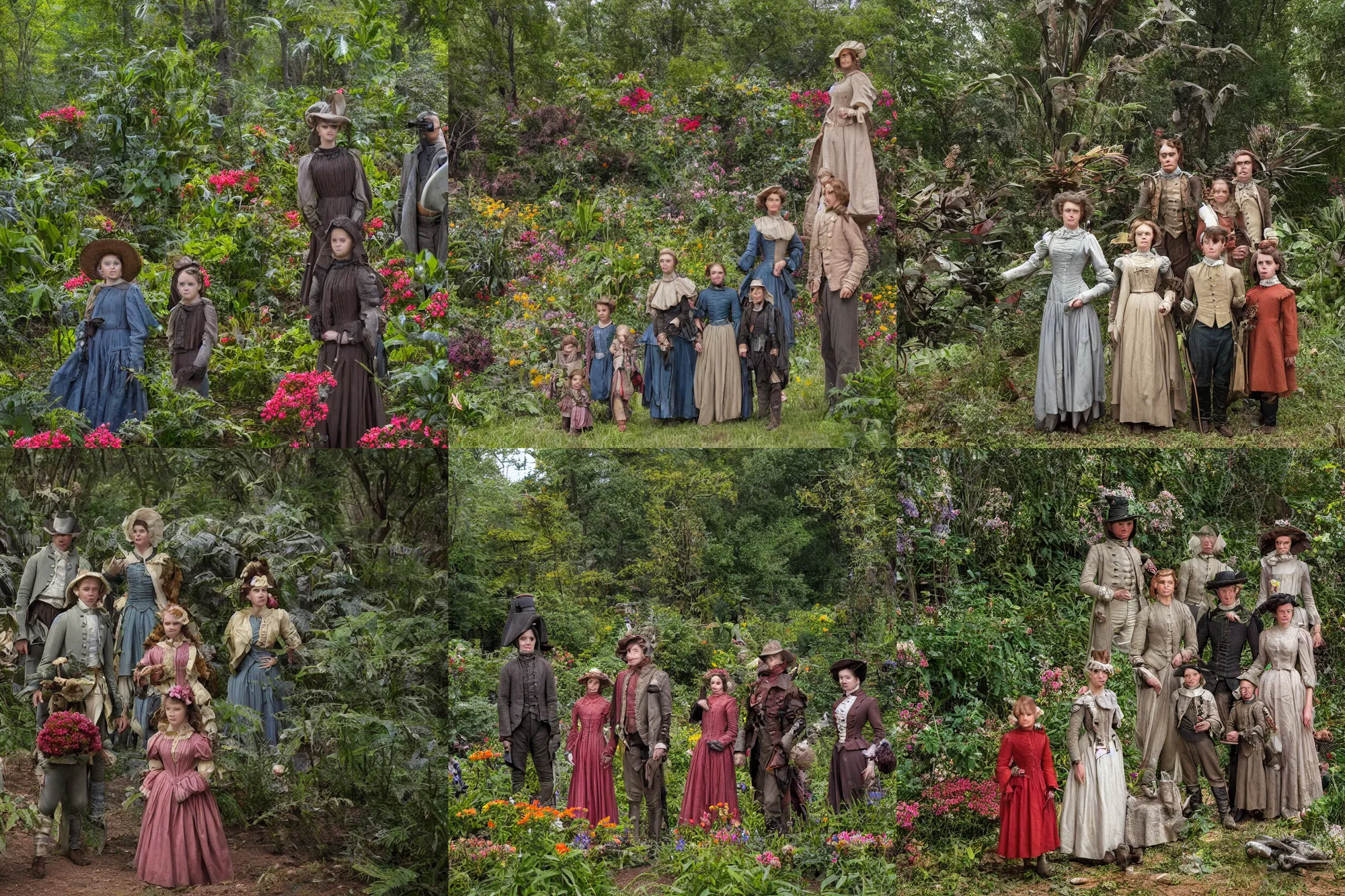 Prompt: sharp, highly detailed, 43456k film, 177800mm film still from a sci fi blockbuster color movie made in 2019, set in 1860, of a family standing in a park, next to some strange alien plants and flowers, on an alien planet, the family are all wearing 1860s era clothes, good lighting, ultra high definition, ultra enhanced faces, in focus, 35mm macro lens