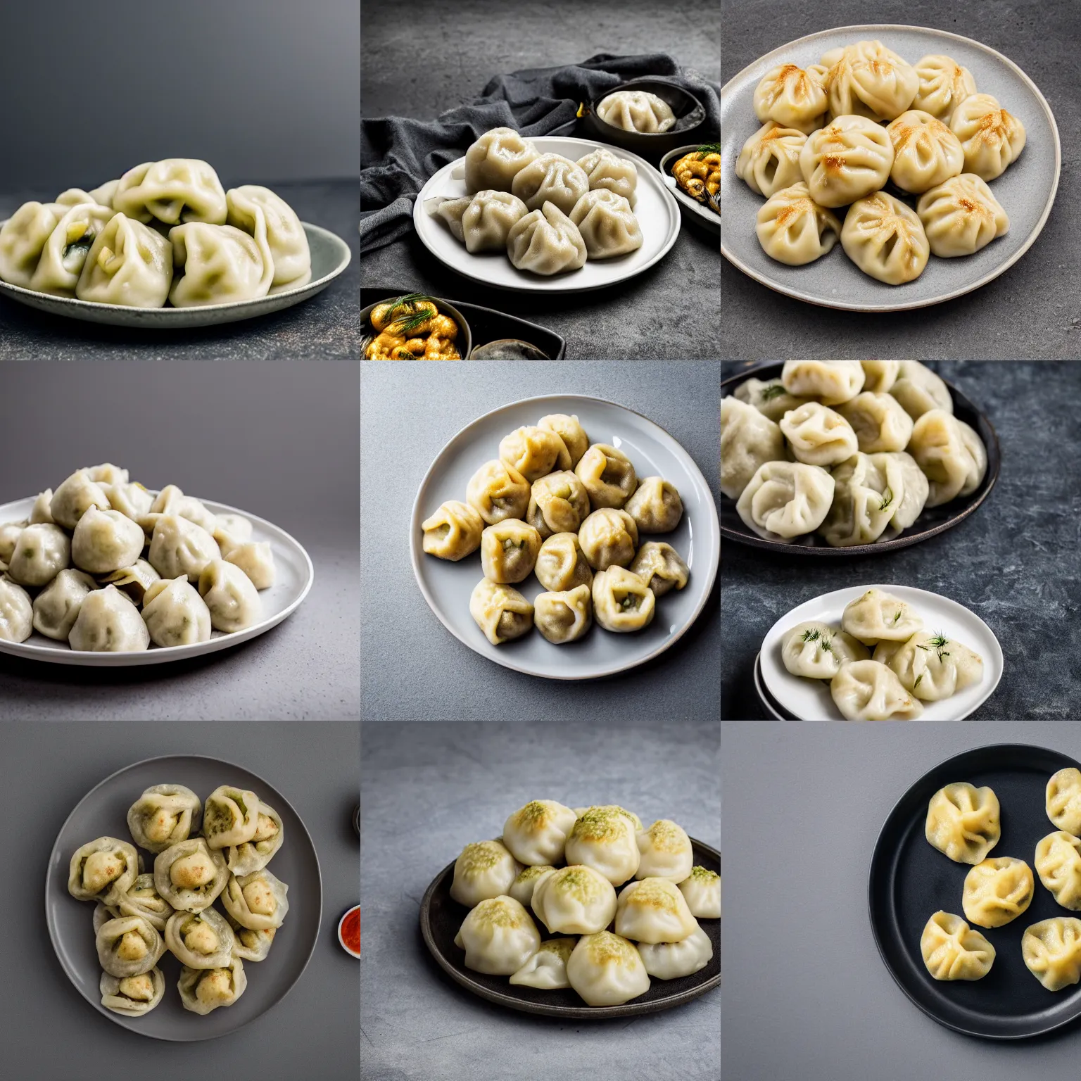 Prompt: pile heap of dozens of hot dumplings with dill on a plate, studio light, grey warehouse background, cinematic, bokeh, hyperrealistic photo, 8k, feel of depth