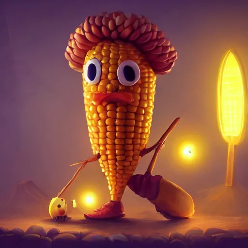 Image similar to Anthropomorphic corn cob is a video game developer working late into the night on his greatest game ever, hyperrealistic, artstation, 8k, concept art, very detailed, hd, digital painting, dramatic lighting