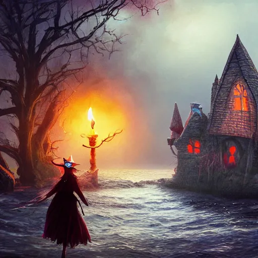 Image similar to a scary witch in front of a witche house made out of candy, floating on the ocean, epic scene, fantasy, cinematic, hyper - detailed, in the style of greg rutkowski