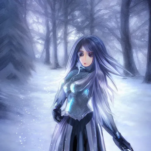 Image similar to portrait focus of knight beautiful 3D anime girl, silver Frozen ice armor wearing, dark forest background, snowing, bokeh, inspired by Masami Kurumada, digital painting, high contrast, unreal engine render, volumetric lighting, high détail