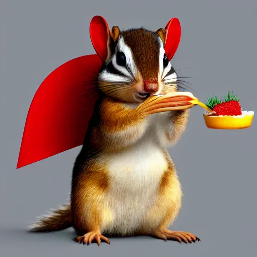 Prompt: a high quality photo of a chipmunk wearing a red suit and eating, render, ultra realistic, cgsociety