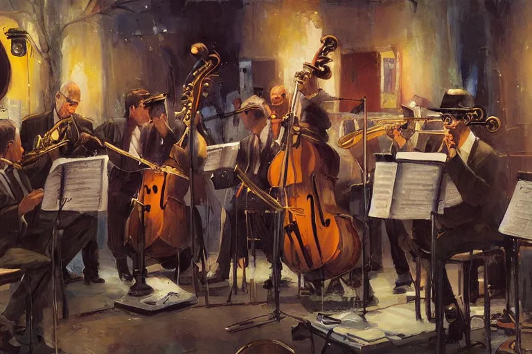 Prompt: a painting of a group of men playing instruments, a jazz band in new orleans, by rossdraws, wlop, greg rutkowski, ghibli