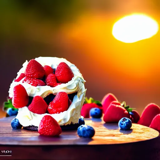 Image similar to A photo of a cake from the side on a wooden table, with cream spread on the sides and strawberries, raspberries and blueberries placed in circles on top. Sunset. 4K. Cinematic lighting. High detail. Realistic. Delicious.