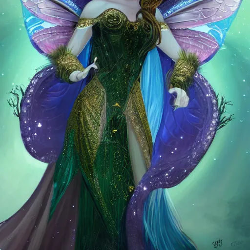 Image similar to detailed portrait of a fairy queen with wings wearing a magic silk robe, pixie, iris, realism, emerald, galaxy, sapphire,blonde hair going down to the floor, moonlit, wearing a bejeweled mask, dark fantasy, dramatic lighting, cgsociety, artstation