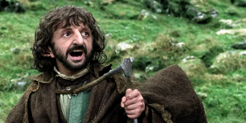 Prompt: A full color still of Ringo Starr as a hobbit, in The Lord of the Rings directed by Stanley Kubrick