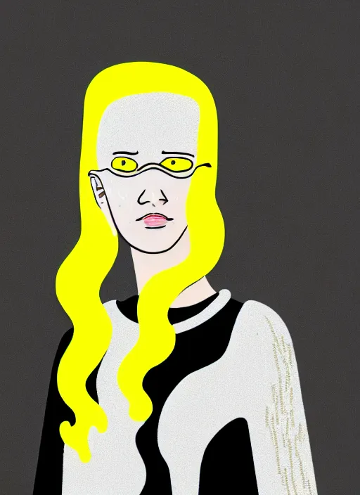 Image similar to highly detailed closeup portrait of wasteland wavy glowing yellow and white plasma hair cute happy tribal young lady, stray electric spark wiring by jean jullien, 4 k resolution, gradient yellow, black and white color scheme!!! ( ( dystopian city background ) )