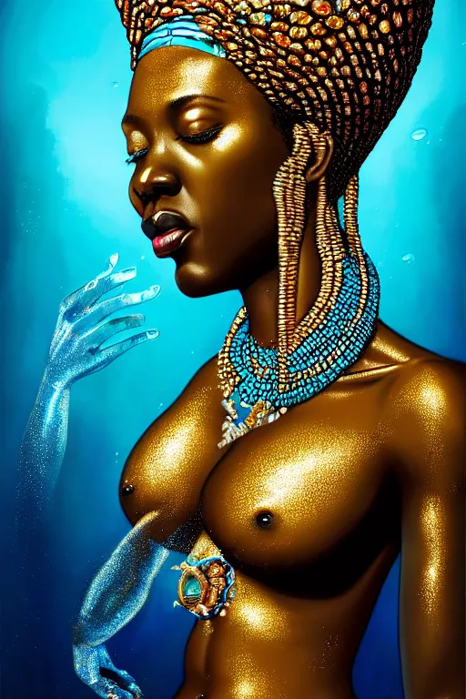 Image similar to hyperrealistic full body very expressive! translucent african goddess, cinematic underwater scene, gold jewerly, highly detailed face, digital art masterpiece, smooth eric zener cam de leon, dramatic pearlescent turquoise light on one side, low angle uhd 8 k, shallow depth of field