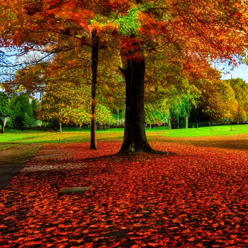 Prompt: autumn park with auburn leaves photograph hyperrealistic 4k