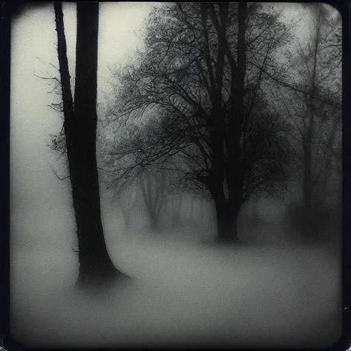 Image similar to the fog is thick shelter for ghosts, polaroid photography in style of andrey tarkovski, eerie, mystical, sublime