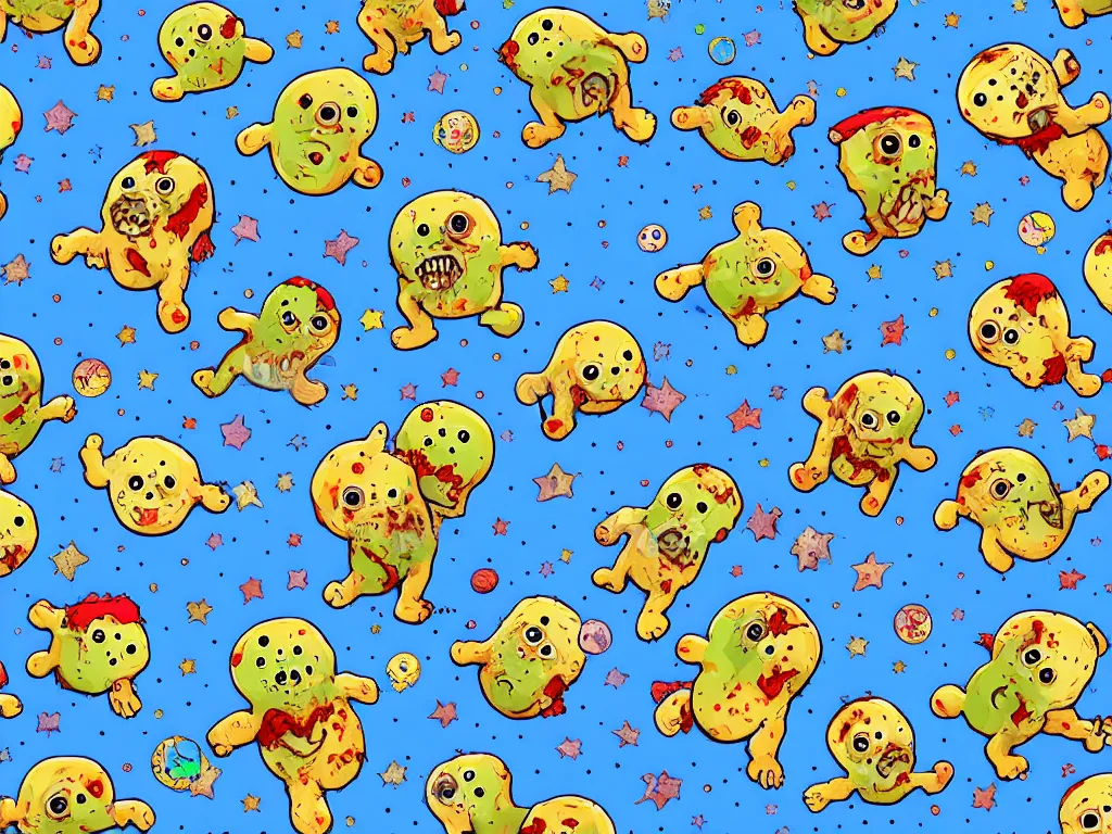 Prompt: happy zombie teddy bears floating in space, cartoon illustration, detailed, sarcastic