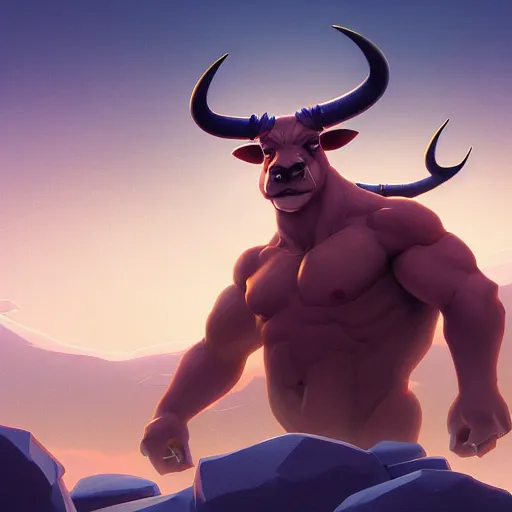 Image similar to portrait of a minotaur, an antropomorphic creature with a bull face, dark hair, mattepainting concept blizzard pixar maya engine on cold night stylized background splash comics global illumination lighting artstation lois van baarle, ilya kuvshinov, rossdraws