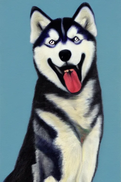 Prompt: a character design of a husky wearing a white vest, portrait painting