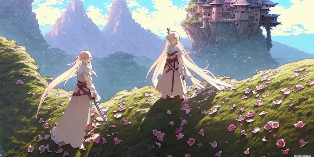 Image similar to the knight and the sword of rose petal, anime, castle core, mountains, rocky roads. by hayao miyazaki and rossdraws and artgerm and greg rutkowski and alphonse mucha and studio ghibli. high quality, stunning, intricate detailed environment. 8 k