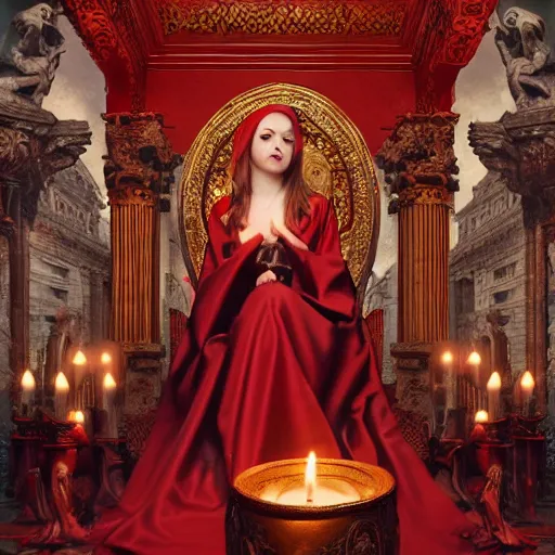Prompt: the goddess of blood in silk robes of blood, cultists watching, red hoods, candle lights, renaissance, baroque, gothic, high detail, dark lighting, atmospheric, extremely detailed, intricate, smooth, 8 k