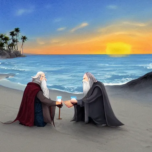 Prompt: gandalf and dumbledore having drinks on the beach watching the sunset