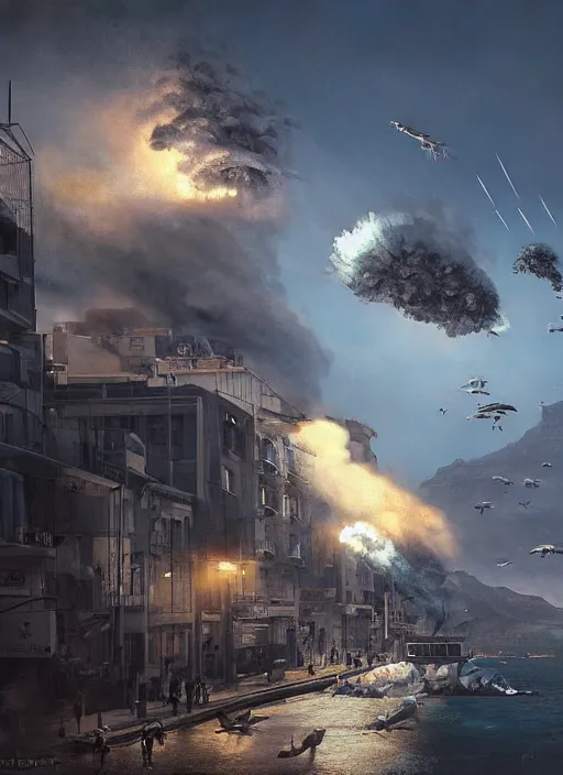 Image similar to hyper realistic squid robot attacking cape town city, table mountain explosions, atmospheric beautiful details, strong composition drawn in ink by kim jung giu weta studio rutkowski, james gurney and greg rutkowski, and lucasfilm