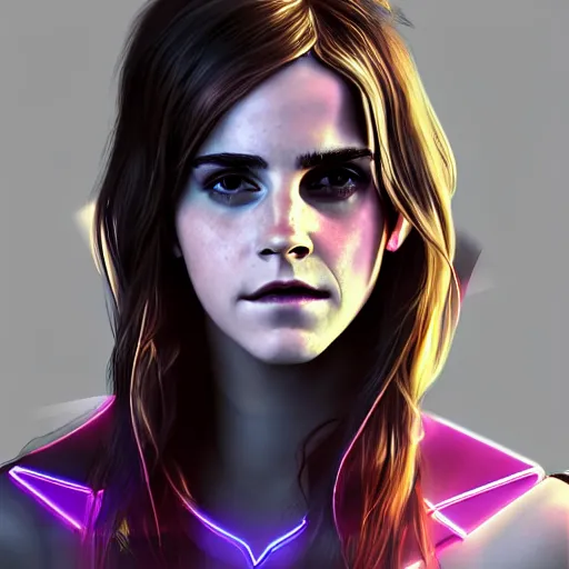 Image similar to Portrait of Emma Watson, cyberpunk style futuristic neon lights, artstation cgsociety masterpiece highly-detailed