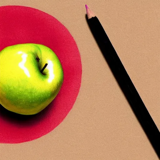 Prompt: photo pencil touching the paper drawing an apple