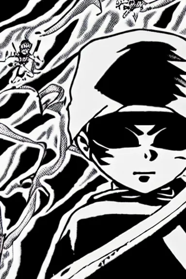 Image similar to attractive little boy wearing an ninja suit, black and white artwork made by kentaro miura and yoshihiro togashi