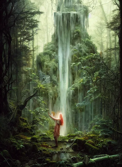 Image similar to a hyper realistic architectural witch shrine under a waterfall in the woods, gorgeous lighting, lush forest foliage, painting by chiara bautista and tom bagshaw, muca beksinski and norman rockwell and greg rutkowski weta studio, and lucasfilm