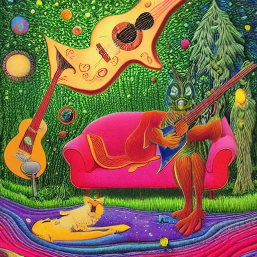 Image similar to psychedelic couch sofa in the lush forest, guitar, milky way, designed by moebius, rob gonsalves, gustav dore, giuseppe arcimboldo and carl barks, louis wain, trending on artstation, canada, star, sharp focus, colorful refracted sparkles and lines, soft light, 8 k 4 k