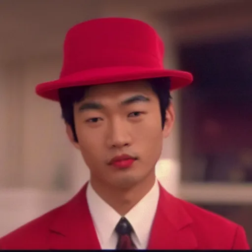 Image similar to a film still of a asian young man wearing a red blouse with a black oval hat in Twin Peaks(1990)