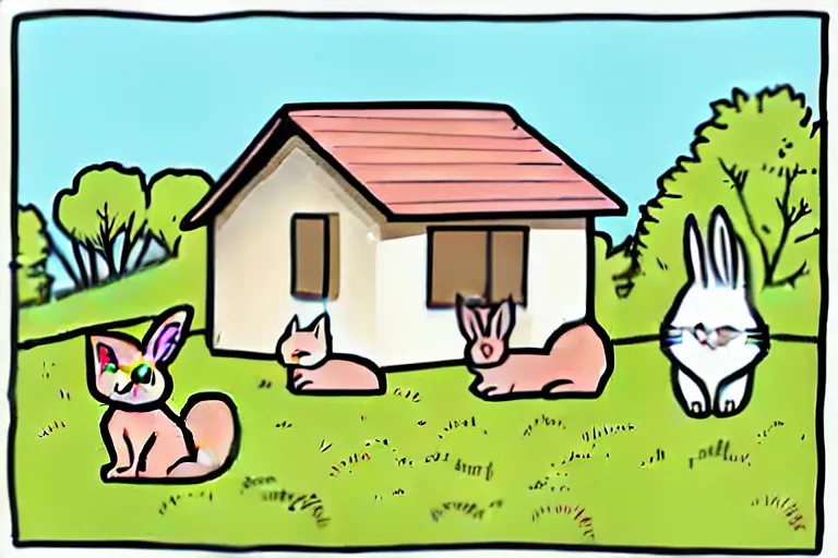 Image similar to a rabbit and a cat dressed in cottagecore living in a cottage, the rabbit has a vegetable garden and the cat is fixing the roof, comic book art style, pictures in sequence, storyboarding, speech bubbles