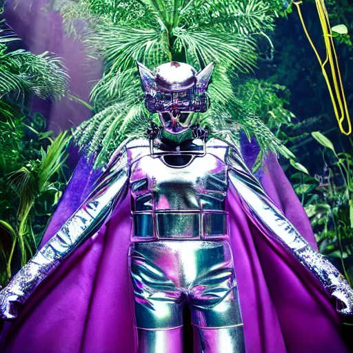 Prompt: conde nast traveler photo, inside a futuristic detailed alien jungle made out of shiny reflective chrome, futuristic android with limbs made out of stretchy rubber tubing mixed with shiny colorful giant intricate detailed chrome gauntlets and chest piece and luchador mask, wearing a long purple velvet cape, fog and mist