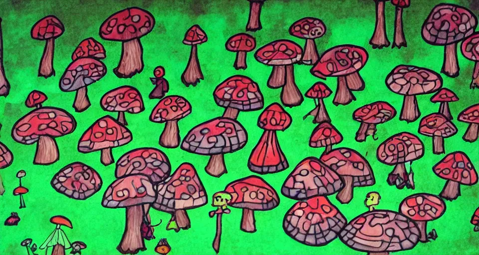 Image similar to A tribal village in a forest of giant mushrooms, by a 8 years old kid,