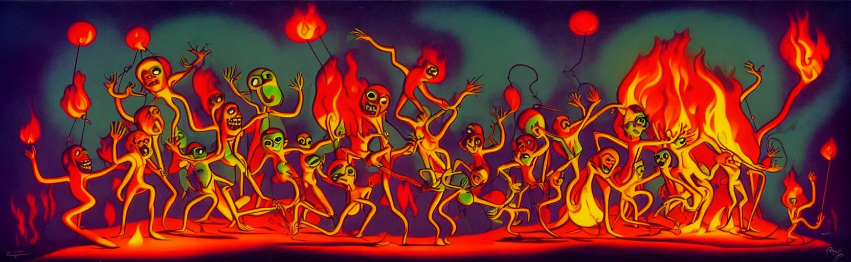 Prompt: uncanny repressed mutants from the depths of a festive imaginal realm in the collective unconscious, dramatic fire glow lighting, surreal dark 1 9 3 0 s fleischer cartoon characters, surreal painting by ronny khalil