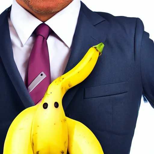 Image similar to an antropomorphic banana wearing a business suit