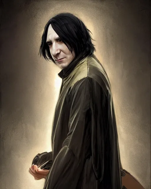 Image similar to portrait of a 3 2 - year - old man wearing black clothes, snape severus, with black, greasy, mid - length hair, hooked nose, dark brown eyes, yellow uneven teeth, highly detailed, digital painting, artstation, concept art, smooth, sharp focus, illustration, art by artgerm and greg rutkowski and alphonse mucha