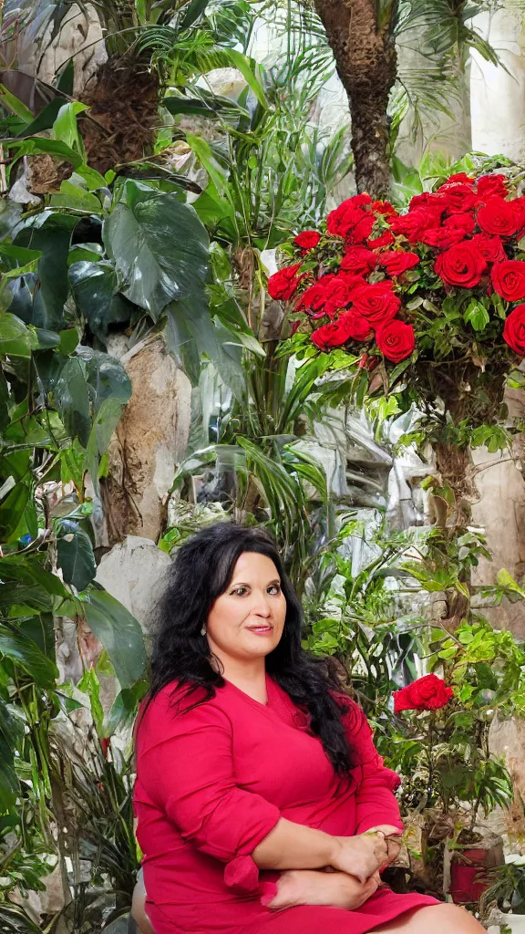 Image similar to rebekah delrio in a botanical room set near a persian pot of red roses and palm tree by narges shaeri