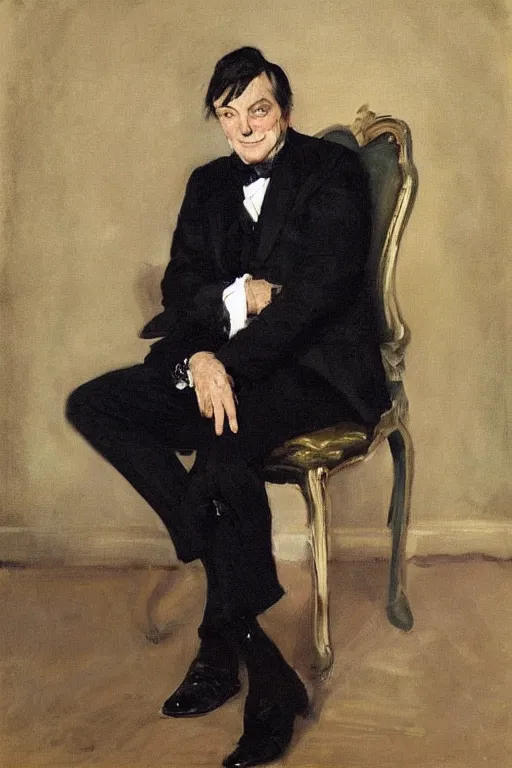 Image similar to “portrait of Barry Humphries, dressed in beautifully tailored clothes, seated, by John Singer Sargent”