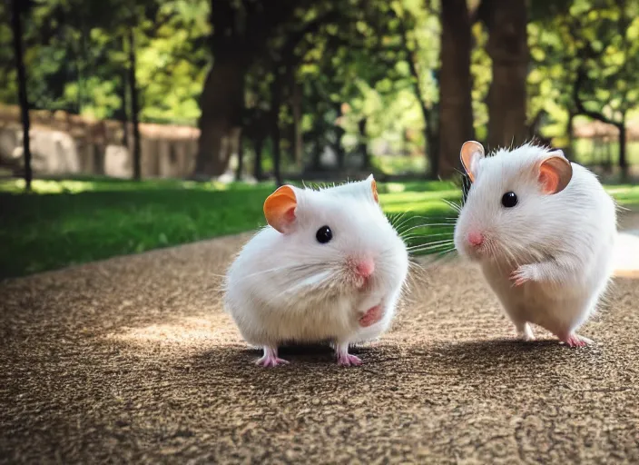 Image similar to photo of a hamsters walking in a park, cinematic color grading, various poses, soft light, faded colors, well framed, sharp focus, 8 k